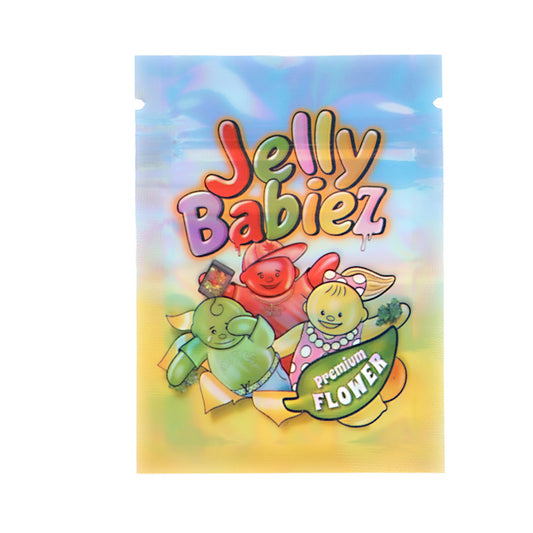 Mylar Bag Jelly Babiez packaging with cartoon characters on a colorful background