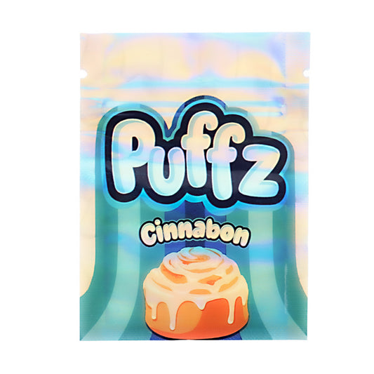 Mylar Bag Puffz Cinnabon snack package with colorful design on a white background