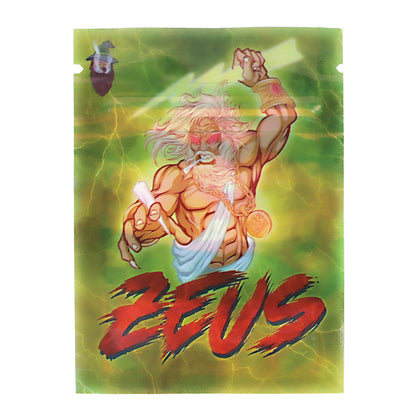 Mylar Bag Zeus graphic with a green background