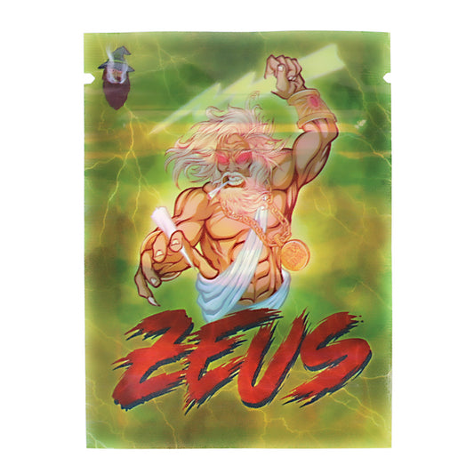 Mylar Bag Zeus graphic with a green background