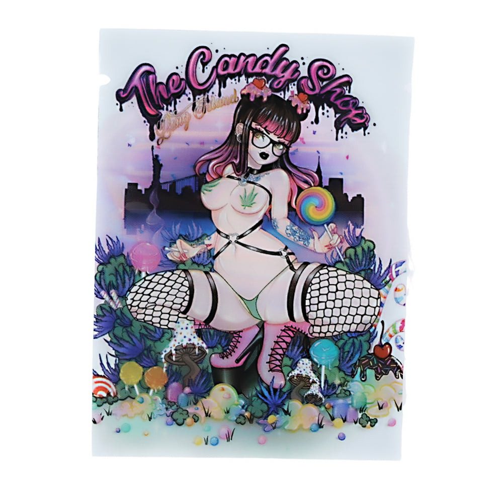 Mylar Bag Illustration of a character with a colorful background and 'The Candy Shop' text.