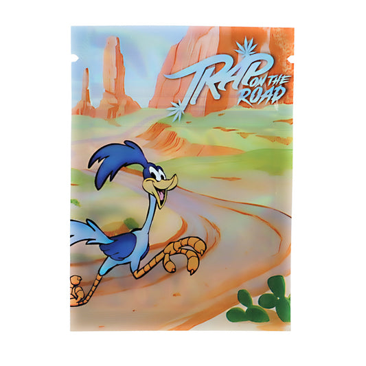 Mylar Bag Animated character running on a road with 'Road on the Road' text in a desert setting