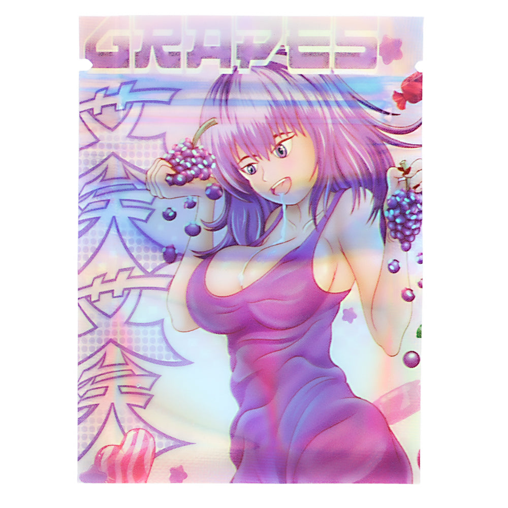 Mylar Bag Animated character with purple hair and a dress, surrounded by grapes on a colorful background.