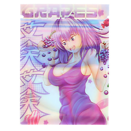 Mylar Bag Animated character with purple hair and a dress, surrounded by grapes on a colorful background.