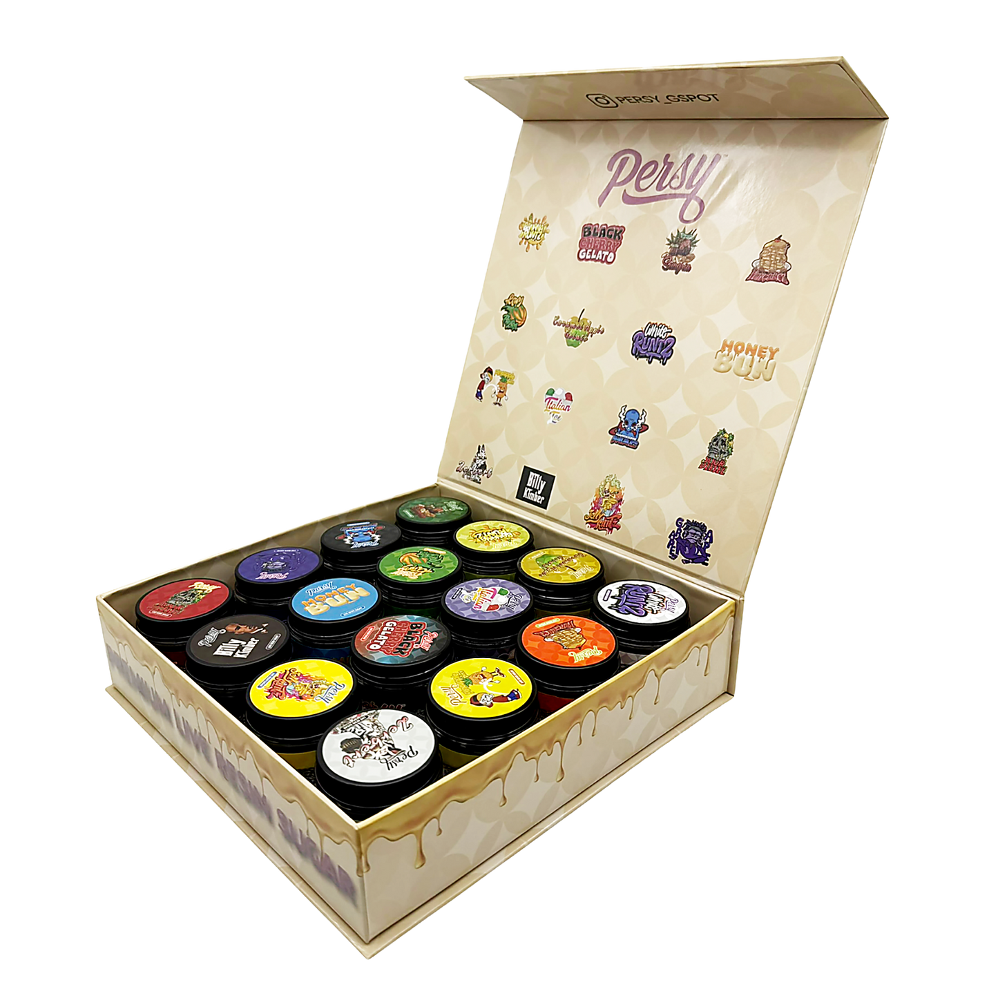 Persy - Empty 1oz Glass Wax Concentrate Jars Variety Pack – 16 Assorted Designs with Display Box