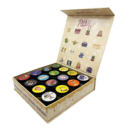 Persy - Empty 1oz Glass Wax Concentrate Jars Variety Pack – 16 Assorted Designs with Display Box
