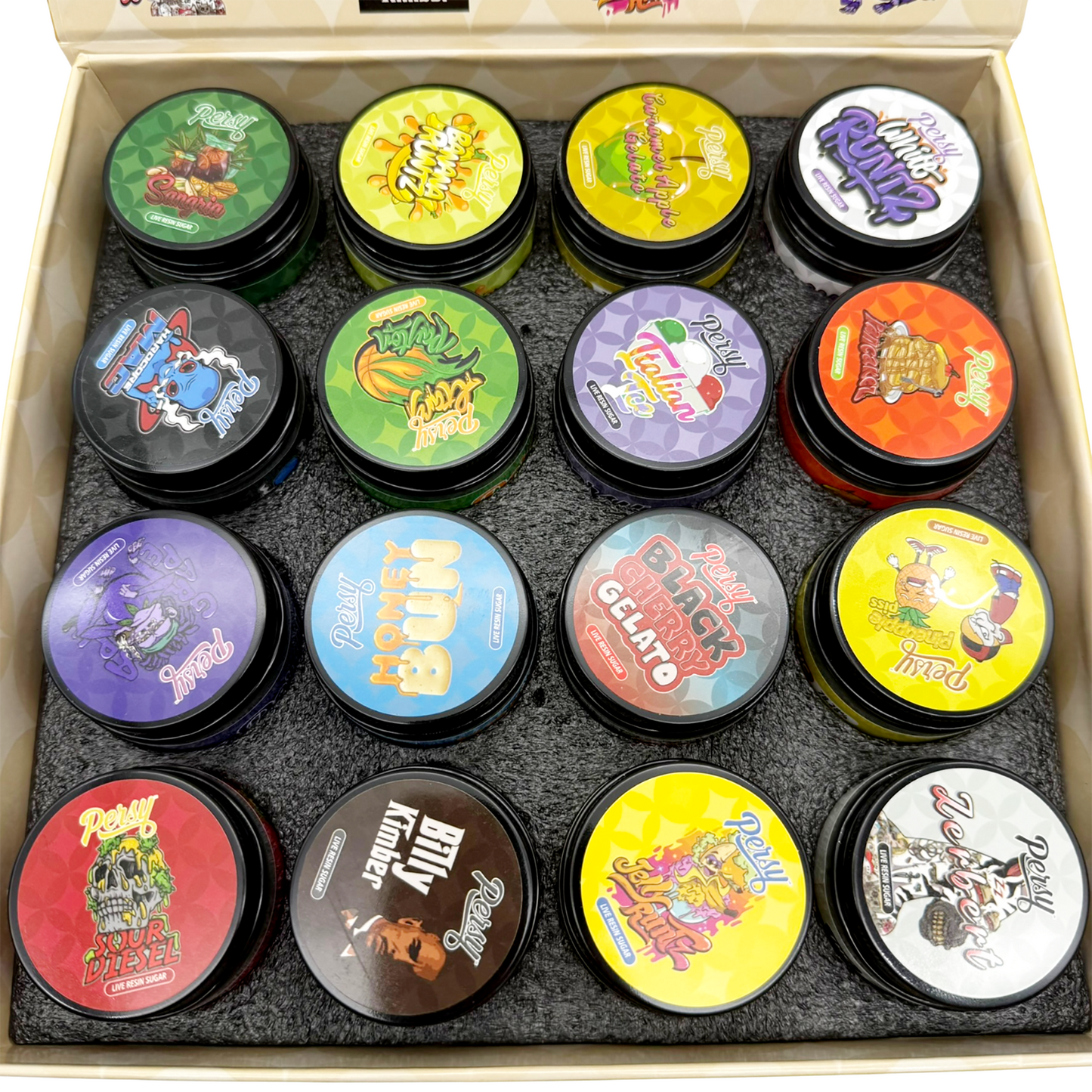 Persy - Empty 1oz Glass Wax Concentrate Jars Variety Pack – 16 Assorted Designs with Display Box