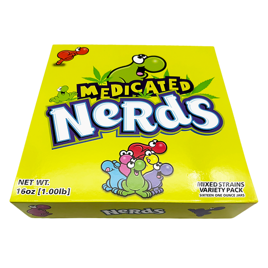 Medicated Nerds Empty 1oz Glass Wax Concentrate Jars Variety Pack – 16 Assorted Designs with Display Box