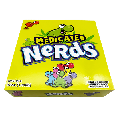 Medicated Nerds Empty 1oz Glass Wax Concentrate Jars Variety Pack – 16 Assorted Designs with Display Box