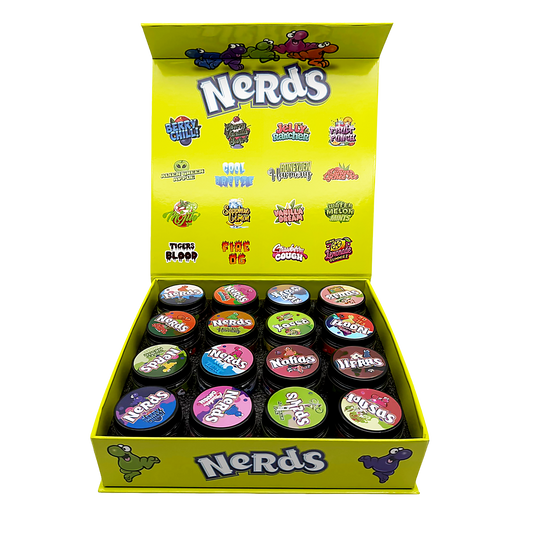 Medicated Nerds Empty 1oz Glass Wax Concentrate Jars Variety Pack – 16 Assorted Designs with Display Box