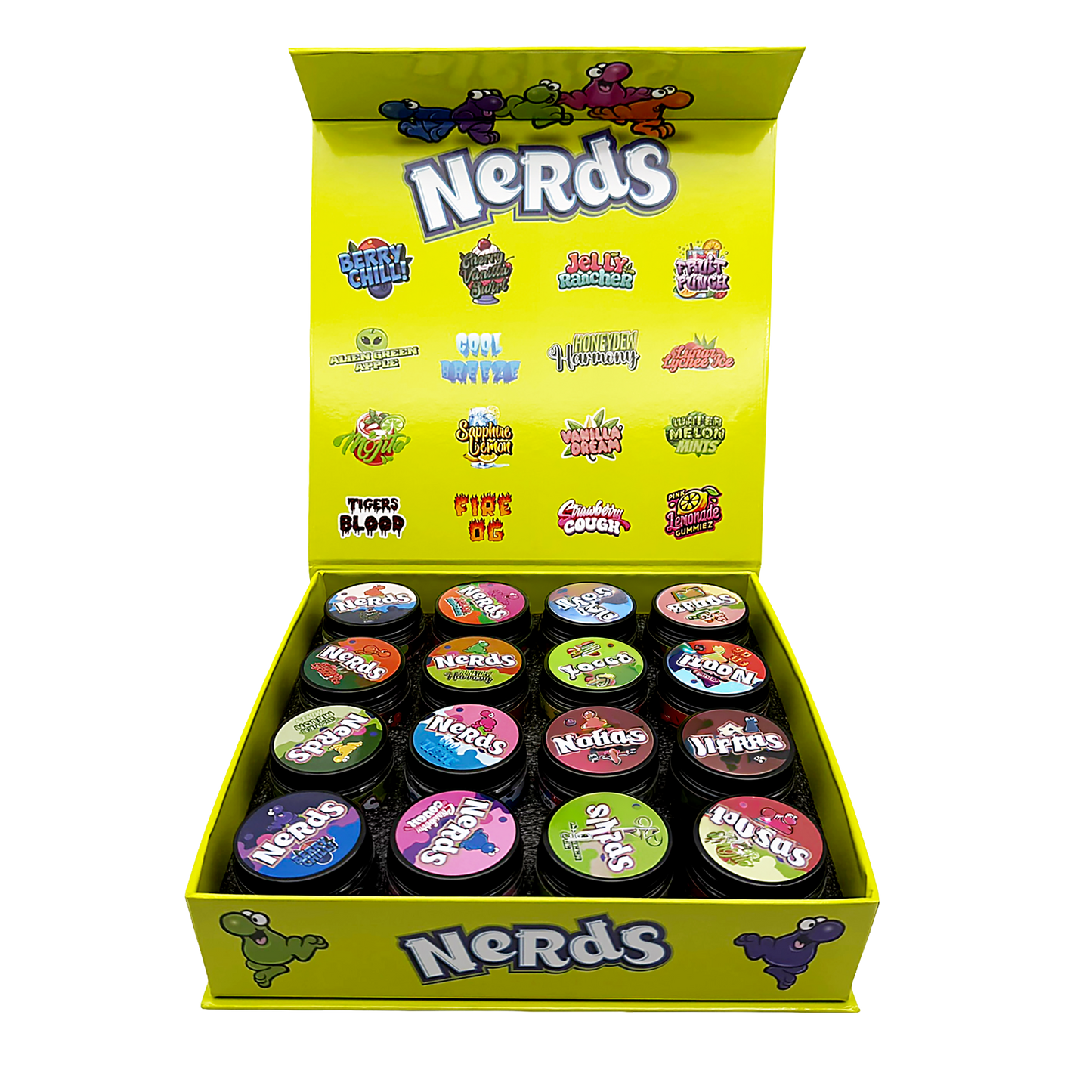 Medicated Nerds Empty 1oz Glass Wax Concentrate Jars Variety Pack – 16 Assorted Designs with Display Box