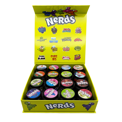 Medicated Nerds Empty 1oz Glass Wax Concentrate Jars Variety Pack – 16 Assorted Designs with Display Box