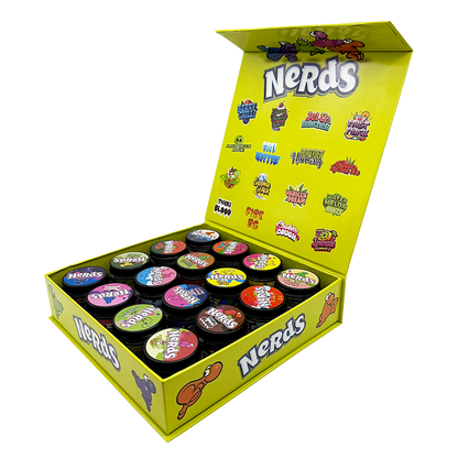Medicated Nerds Empty 1oz Glass Wax Concentrate Jars Variety Pack – 16 Assorted Designs with Display Box