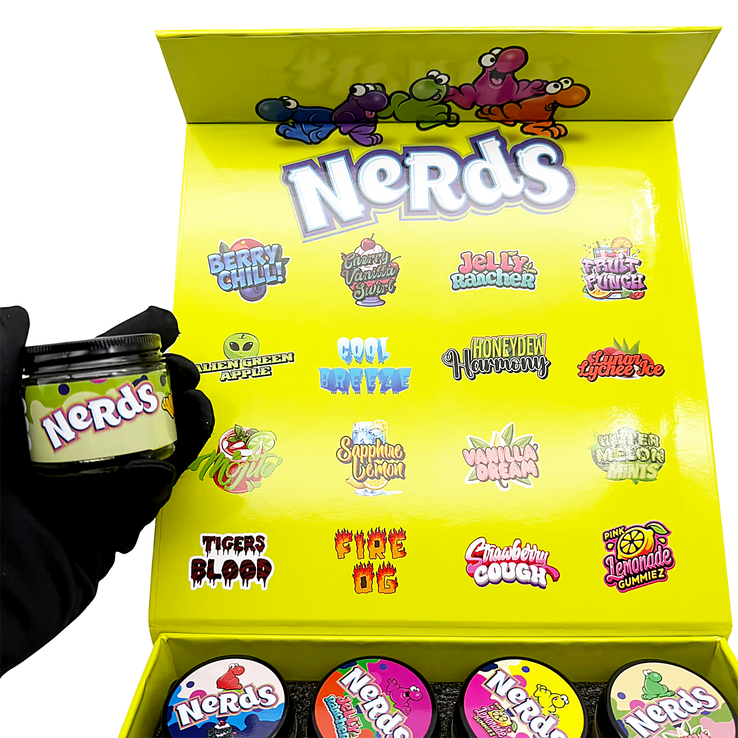 Medicated Nerds Empty 1oz Glass Wax Concentrate Jars Variety Pack – 16 Assorted Designs with Display Box