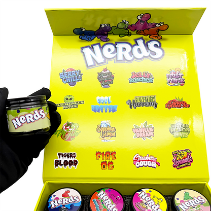 Medicated Nerds Empty 1oz Glass Wax Concentrate Jars Variety Pack – 16 Assorted Designs with Display Box