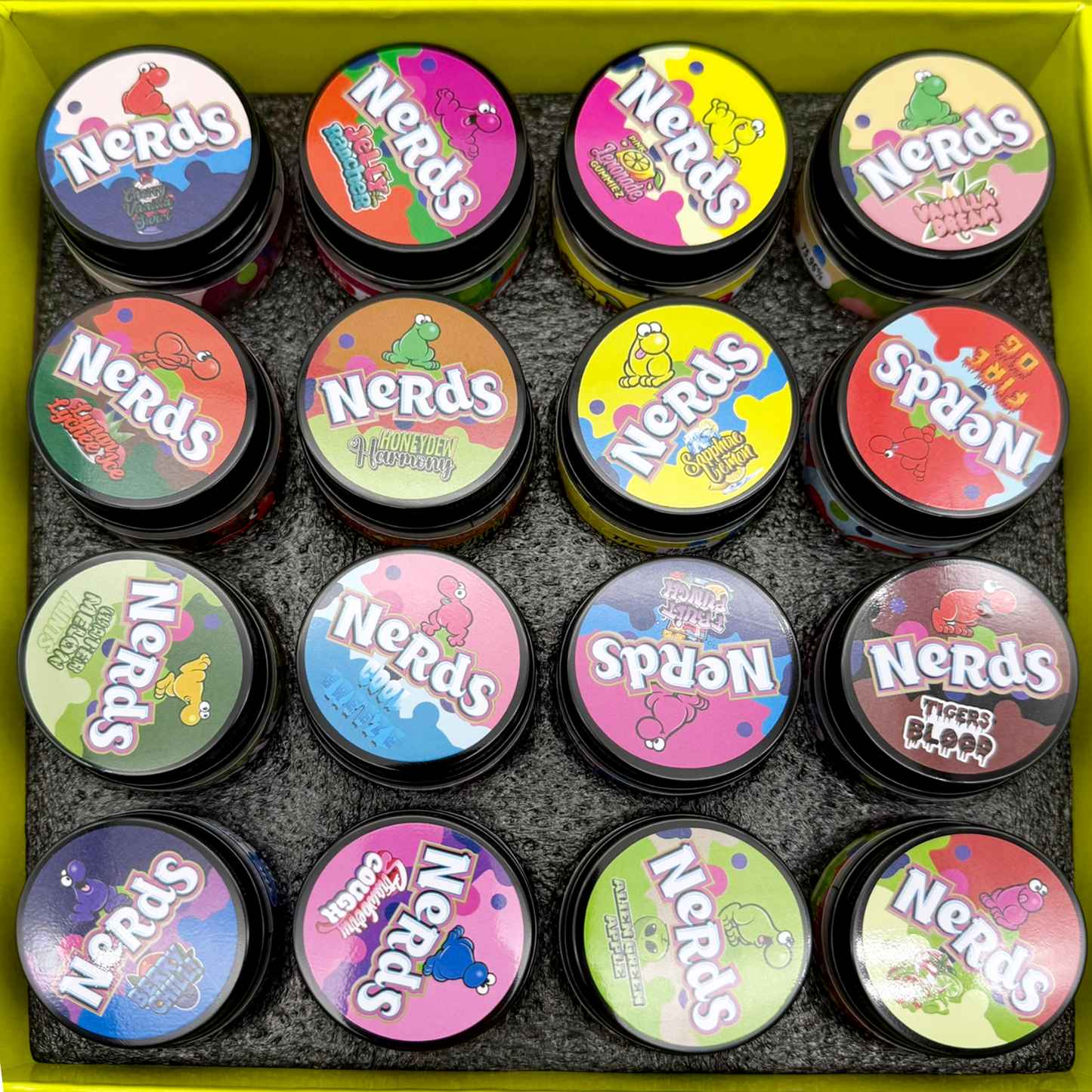 Medicated Nerds Empty 1oz Glass Wax Concentrate Jars Variety Pack – 16 Assorted Designs with Display Box