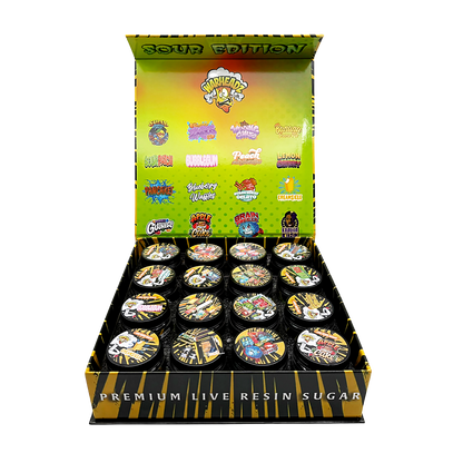 Sour Edition Empty 1oz Glass Wax Concentrate Jars Variety Pack – 16 Assorted Designs with Display Box