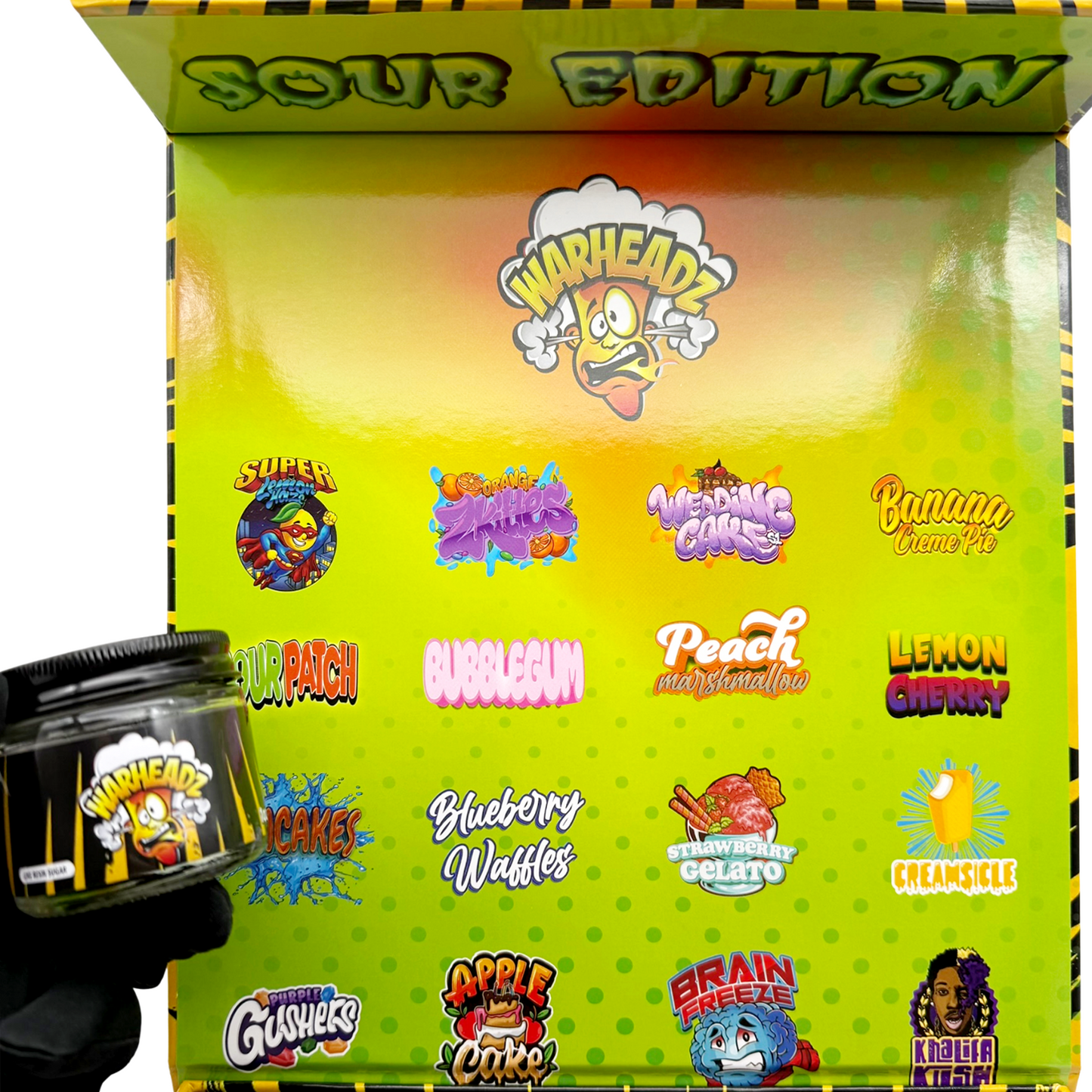 Sour Edition Empty 1oz Glass Wax Concentrate Jars Variety Pack – 16 Assorted Designs with Display Box