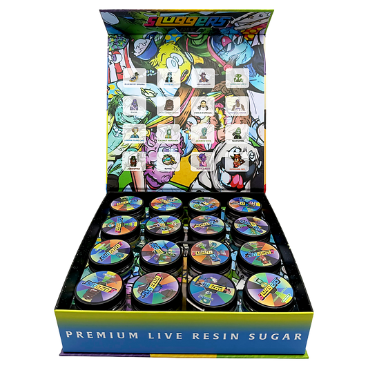 Sluggers Empty 1oz Glass Wax Concentrate Jars Variety Pack – 16 Assorted Designs with Display Box