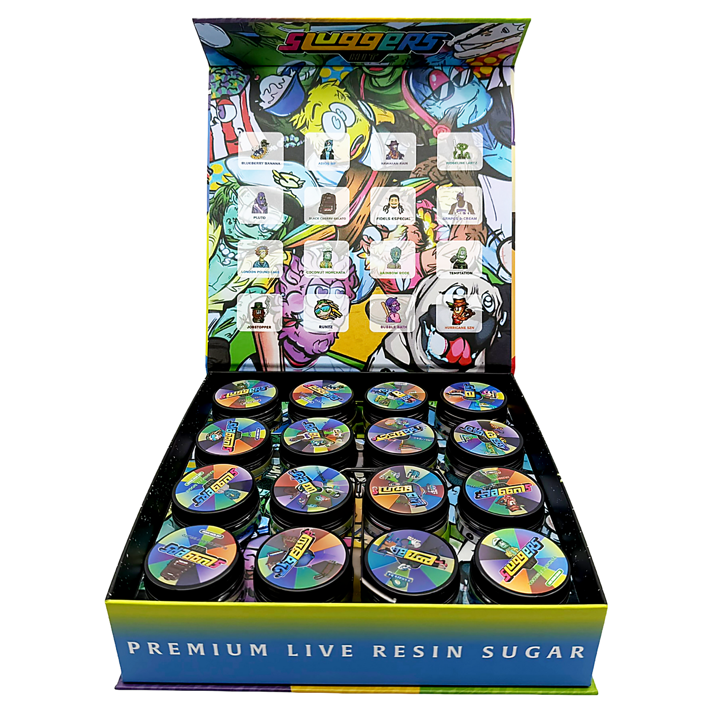 Sluggers Empty 1oz Glass Wax Concentrate Jars Variety Pack – 16 Assorted Designs with Display Box