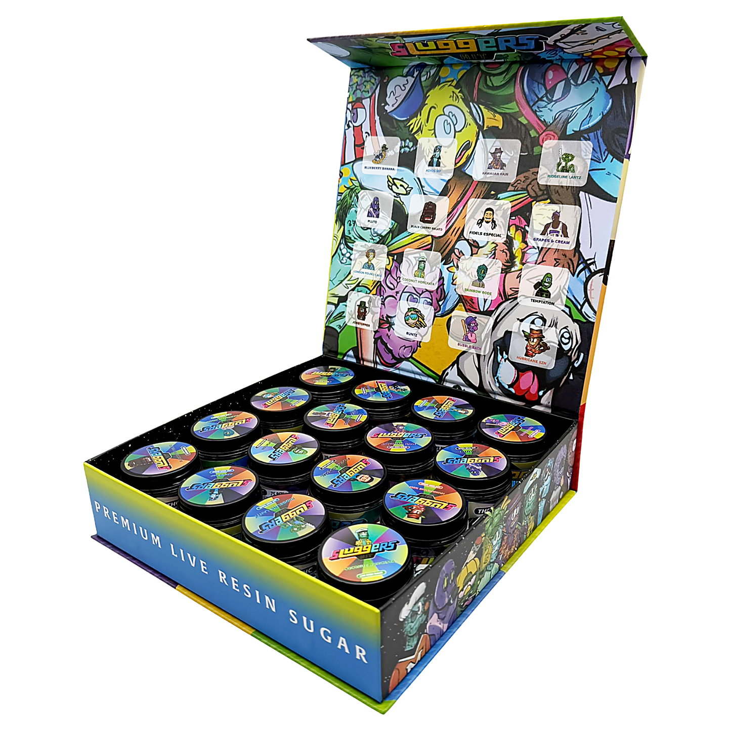 Sluggers Empty 1oz Glass Wax Concentrate Jars Variety Pack – 16 Assorted Designs with Display Box