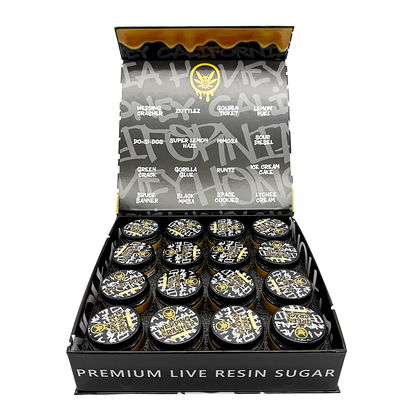 Honey Cali Empty 1oz Glass Wax Concentrate Jars Variety Pack – 16 Assorted Designs with Display Box