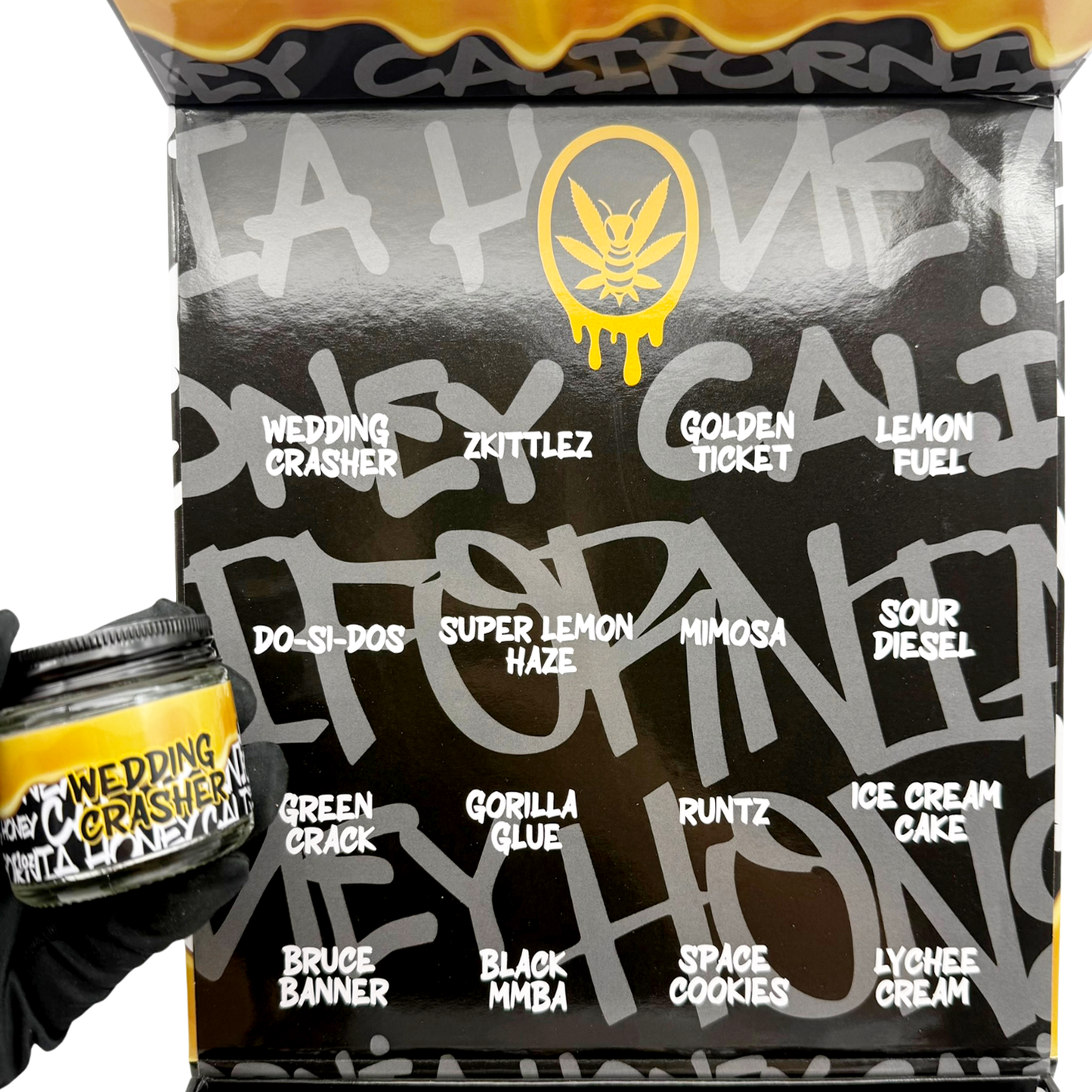 Honey Cali Empty 1oz Glass Wax Concentrate Jars Variety Pack – 16 Assorted Designs with Display Box