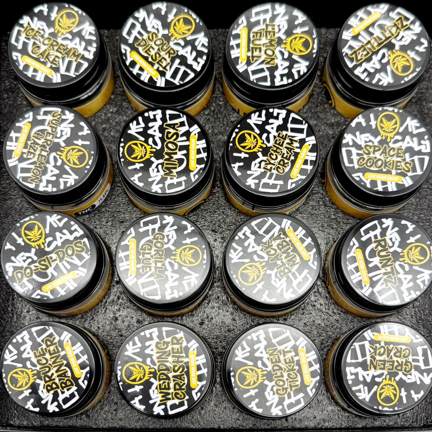 Honey Cali Empty 1oz Glass Wax Concentrate Jars Variety Pack – 16 Assorted Designs with Display Box