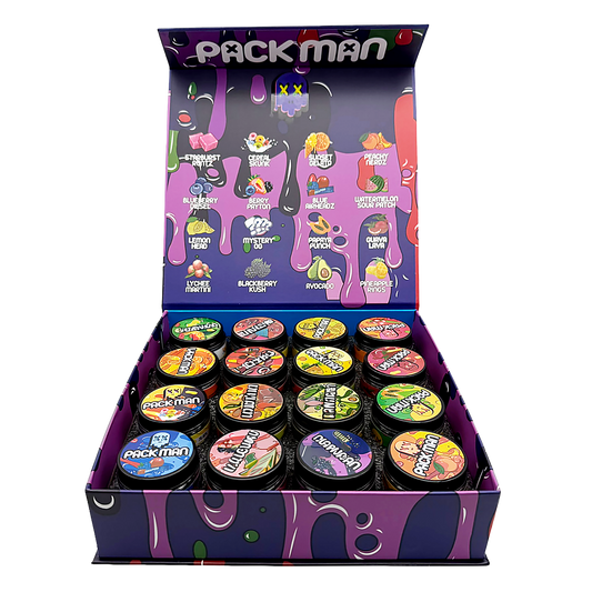 Packman Empty 1oz Glass Wax Concentrate Jars Variety Pack – 16 Assorted Designs with Display Box