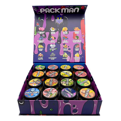 Packman Empty 1oz Glass Wax Concentrate Jars Variety Pack – 16 Assorted Designs with Display Box