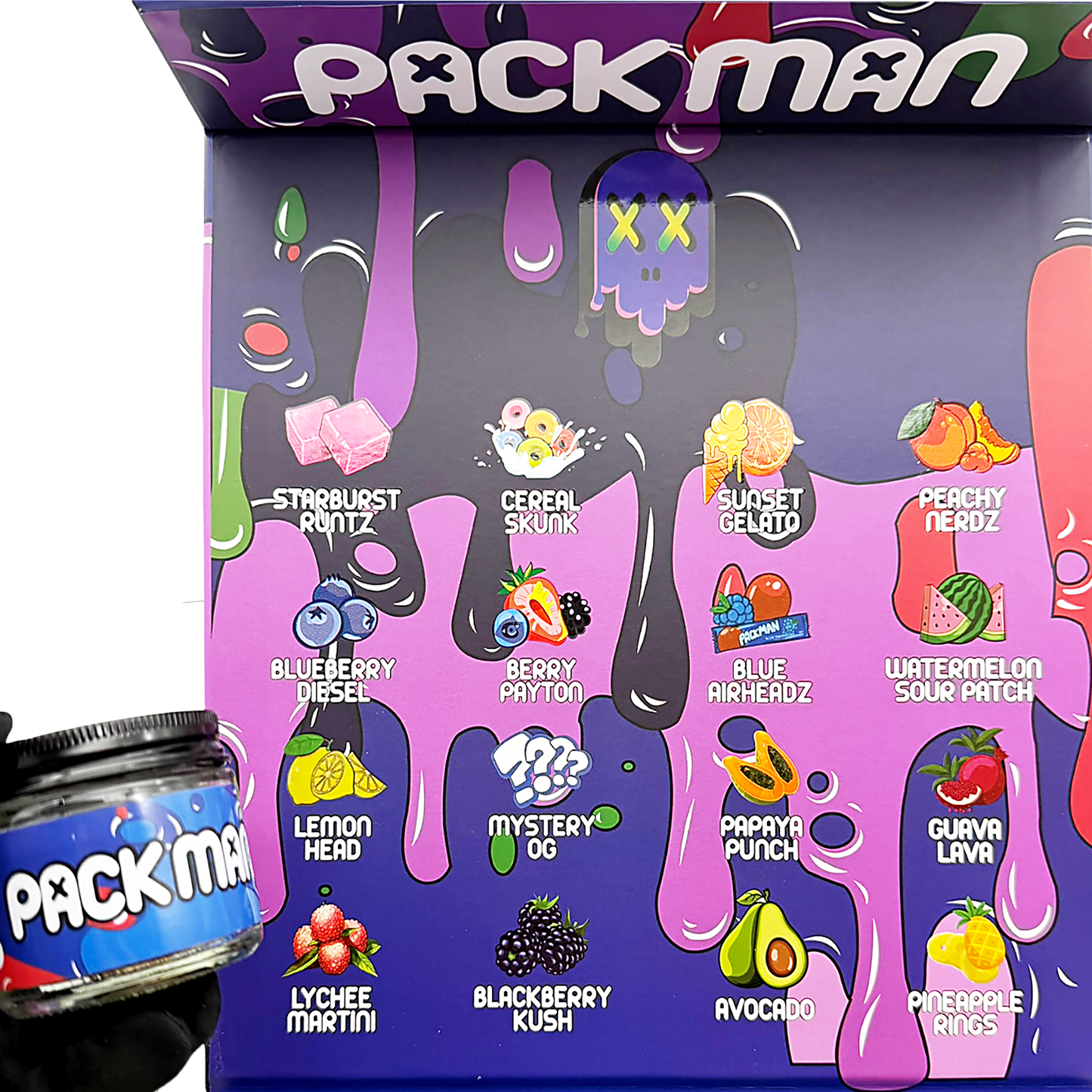 Packman Empty 1oz Glass Wax Concentrate Jars Variety Pack – 16 Assorted Designs with Display Box