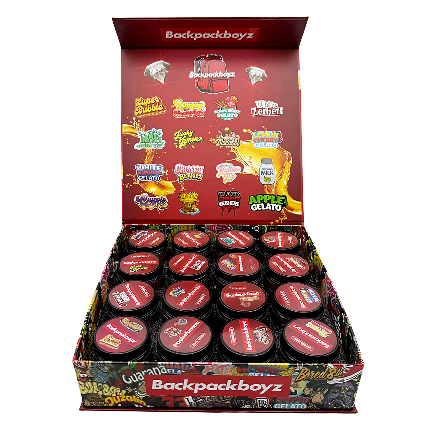 Backpack Boyz Empty 1oz Glass Wax Concentrate Jars Variety Pack – 16 Assorted Designs with Display Box