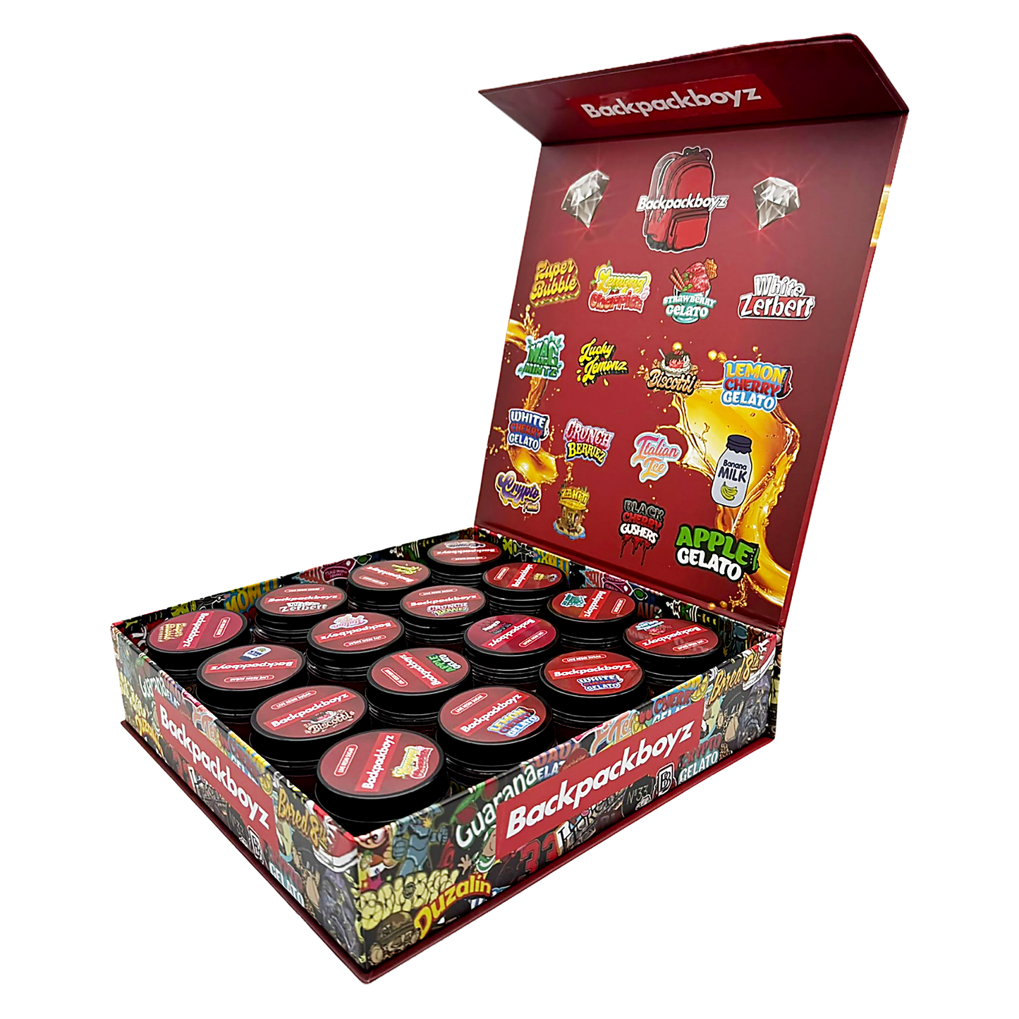 Backpack Boyz Empty 1oz Glass Wax Concentrate Jars Variety Pack – 16 Assorted Designs with Display Box