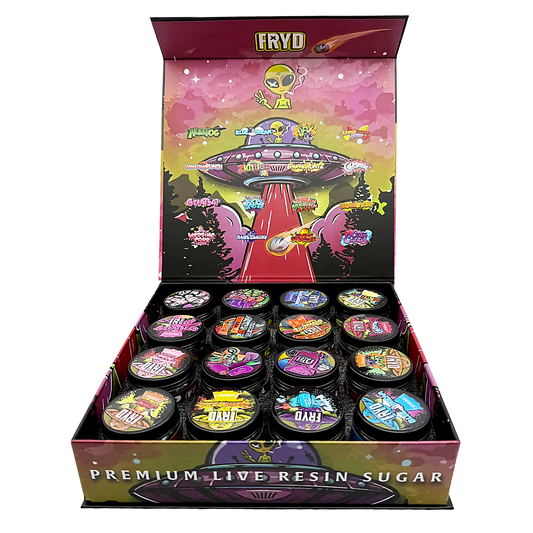 Fryd Empty 1oz Glass Wax Concentrate Jars Variety Pack – 16 Assorted Designs with Display Box