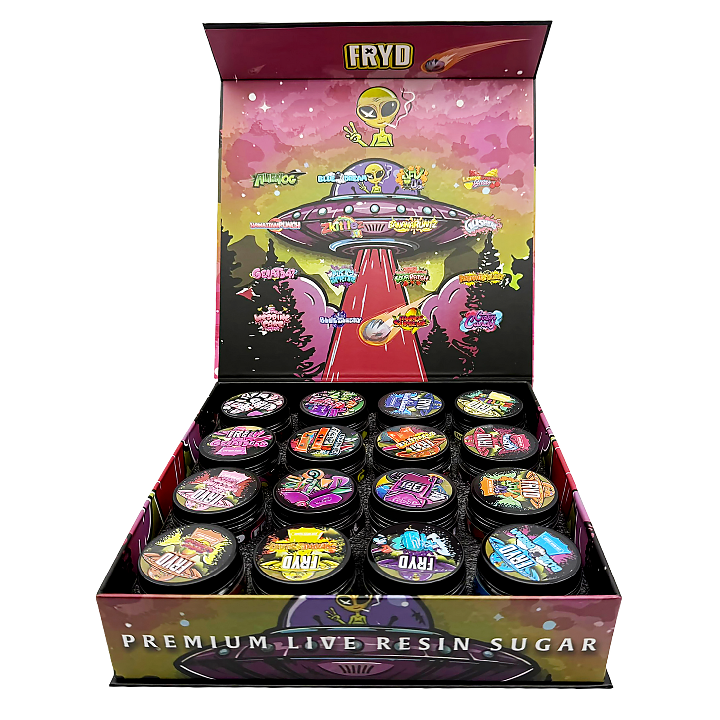 Fryd Empty 1oz Glass Wax Concentrate Jars Variety Pack – 16 Assorted Designs with Display Box