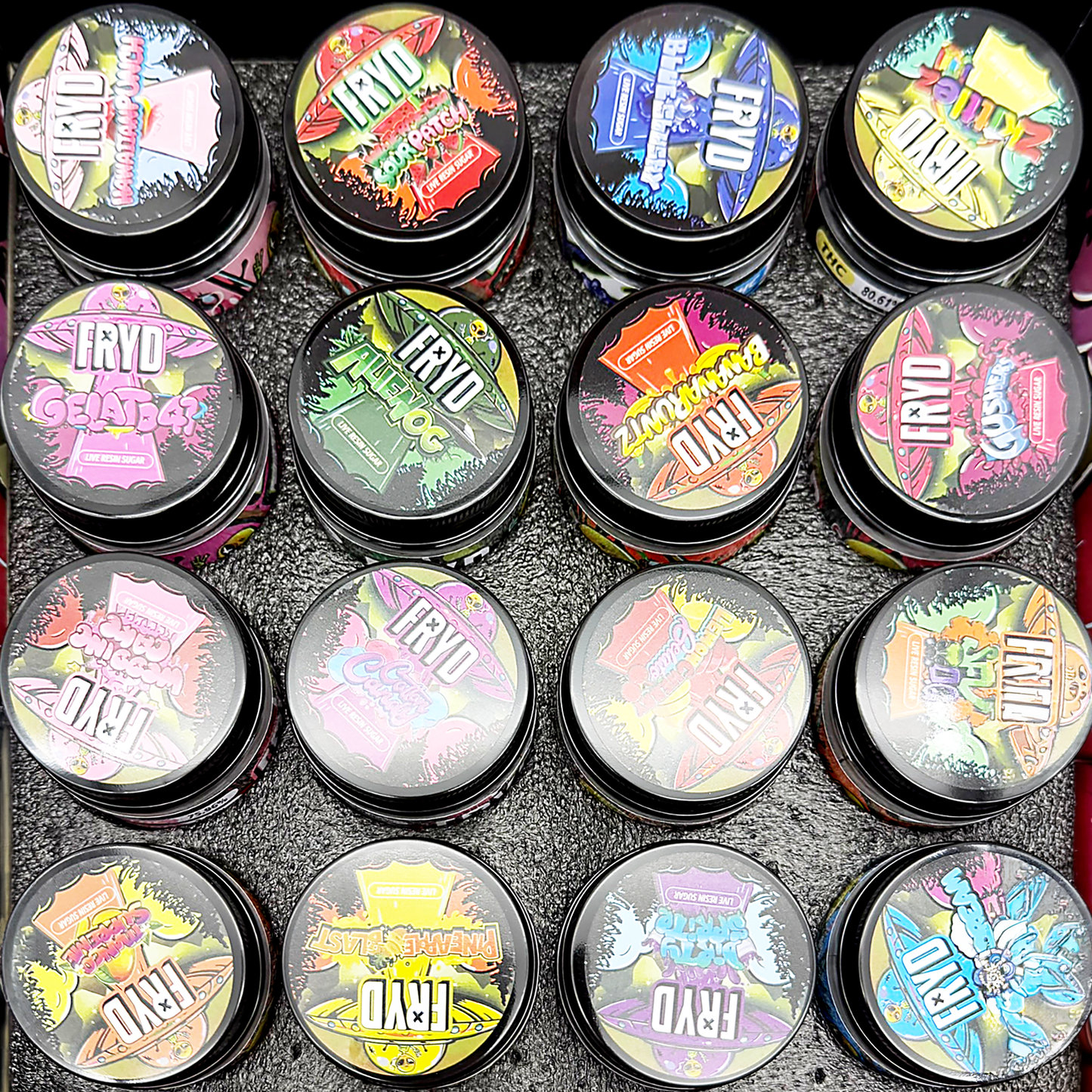 Fryd Empty 1oz Glass Wax Concentrate Jars Variety Pack – 16 Assorted Designs with Display Box