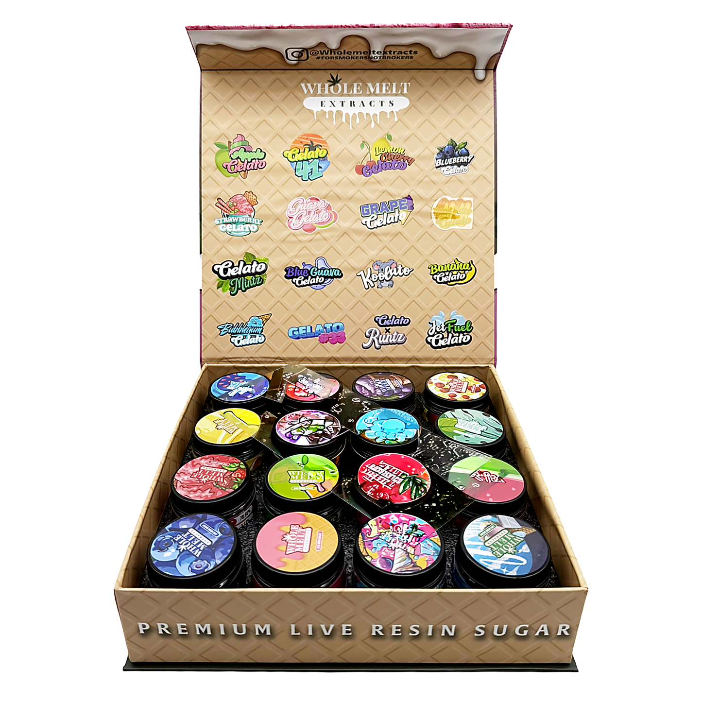 Whole Melt Gelato Empty 1oz Glass Wax Jars Variety Pack – 16 Assorted Designs with Display Box