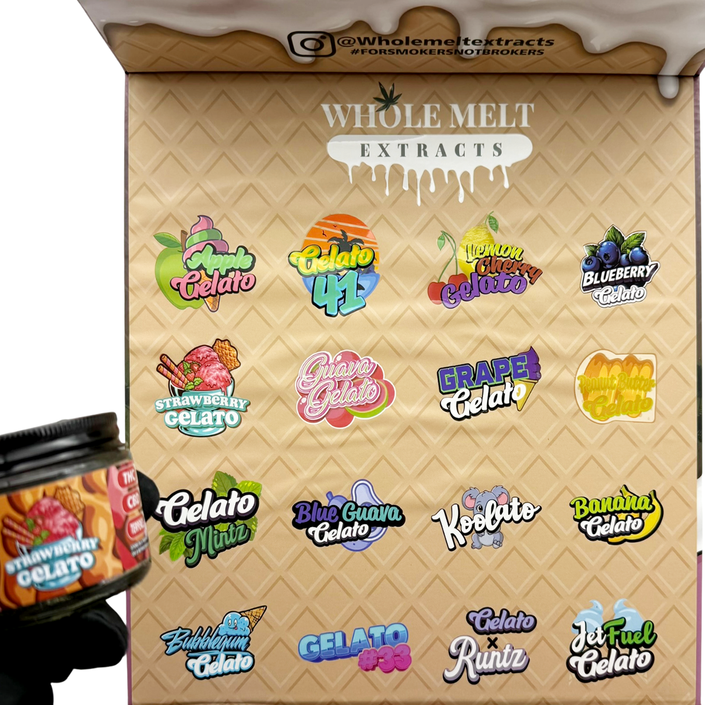 Whole Melt Gelato Empty 1oz Glass Wax Jars Variety Pack – 16 Assorted Designs with Display Box