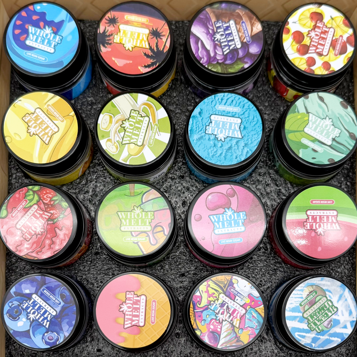 Whole Melt Gelato Empty 1oz Glass Wax Jars Variety Pack – 16 Assorted Designs with Display Box