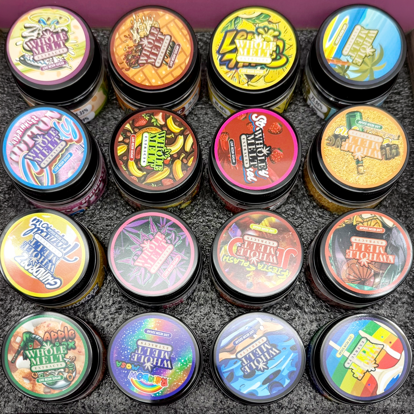 Whole Melt Candyland Empty 1oz Glass Wax Jars Variety Pack – 16 Assorted Designs with Display Box