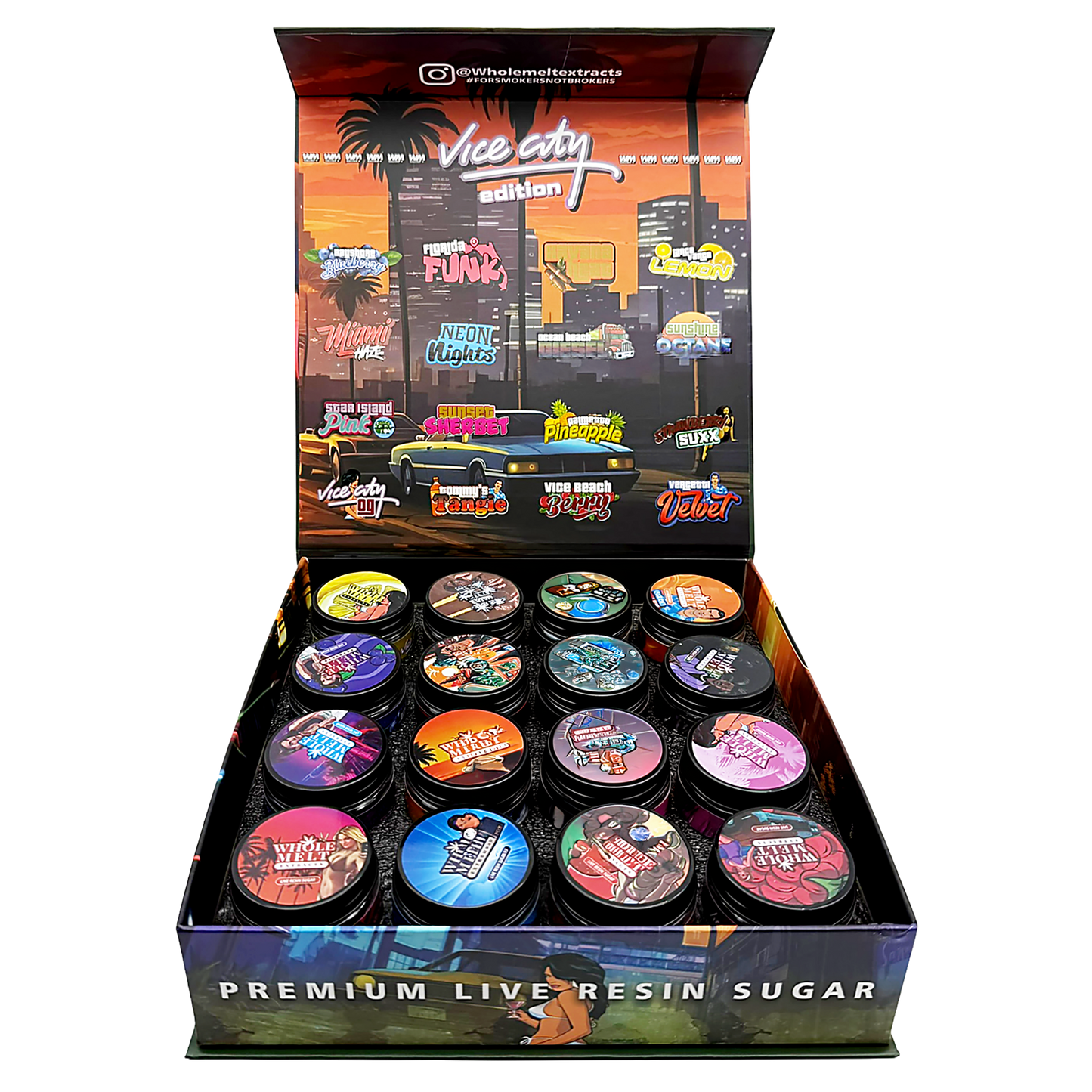 Whole Melt Vice City Empty 1oz Glass Wax Jars Variety Pack – 16 Assorted Designs with Display Box