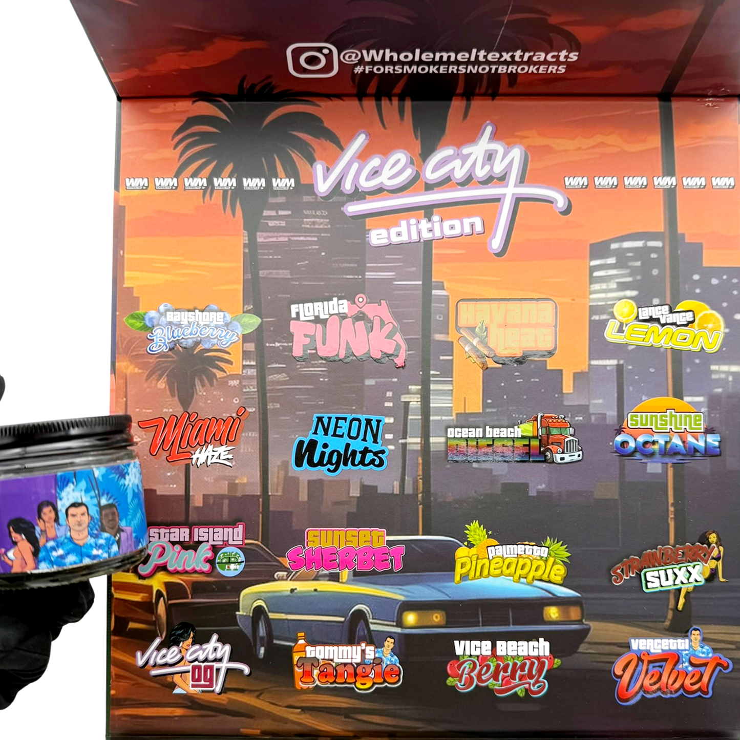Whole Melt Vice City Empty 1oz Glass Wax Jars Variety Pack – 16 Assorted Designs with Display Box