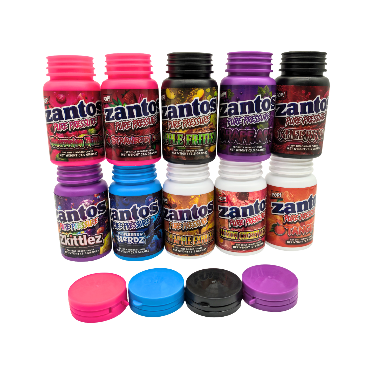 10 Pack - 3.5g Zantos Bottle Style Plastic Storage Containers with Child-Resistant Caps -  Cherry Pie