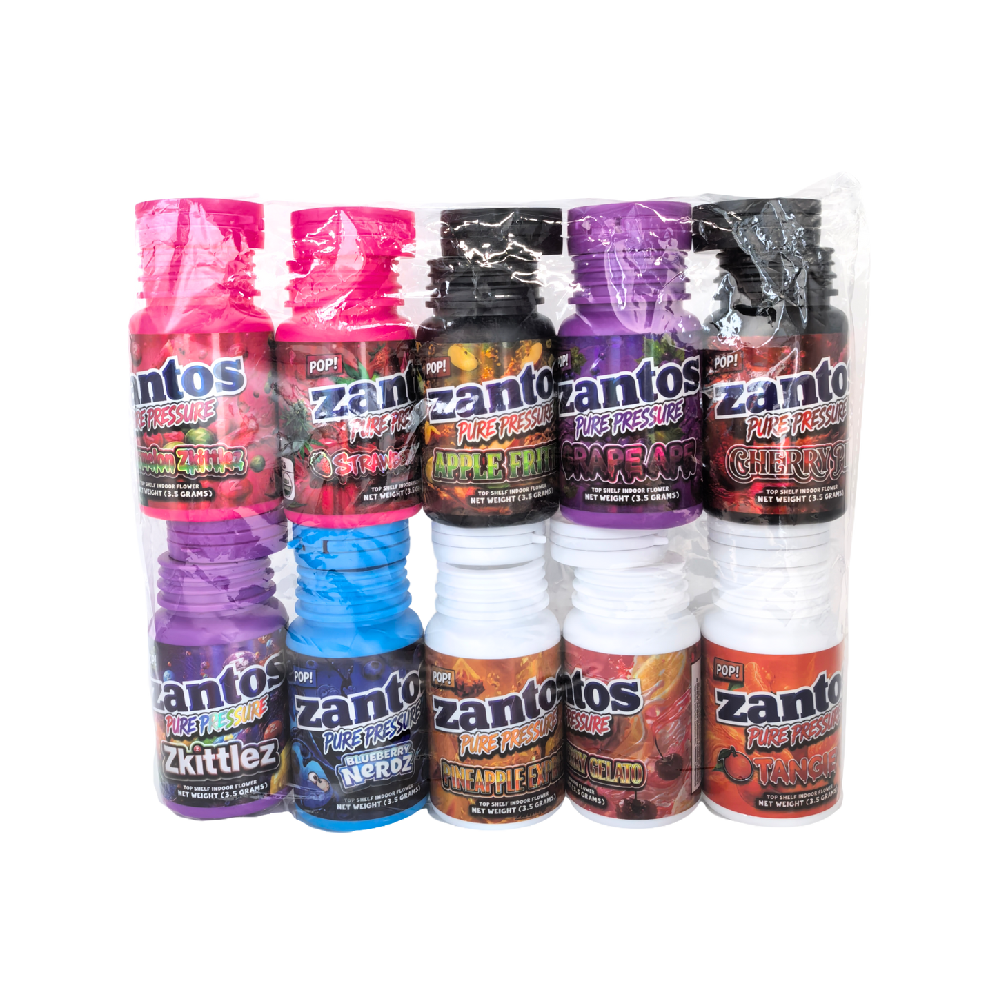 10 Pack - 3.5g Zantos Bottle Style Plastic Storage Containers with Child-Resistant Caps -  Cherry Pie