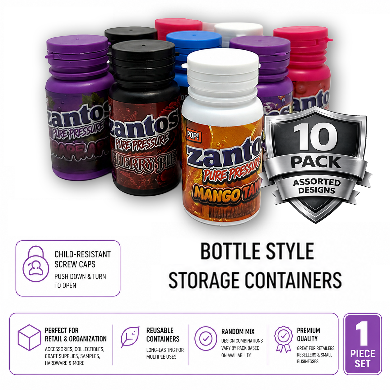 10 Pack – 3.5g Zantos Bottle Style Plastic Storage Containers – Mystery Assorted Designs - ZC-35-MIX