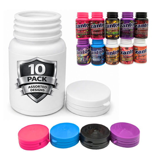 10 Pack – 3.5g Zantos Bottle Style Plastic Storage Containers – Mystery Assorted Designs - ZC-35-MIX