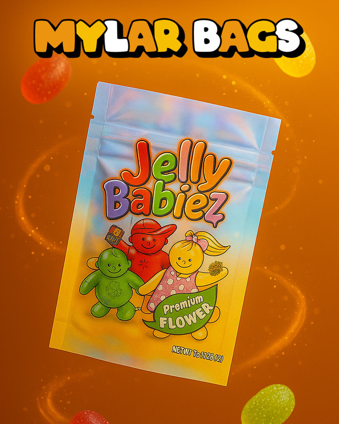 Jelly Babiez exotic mylar bag packaging on an orange background